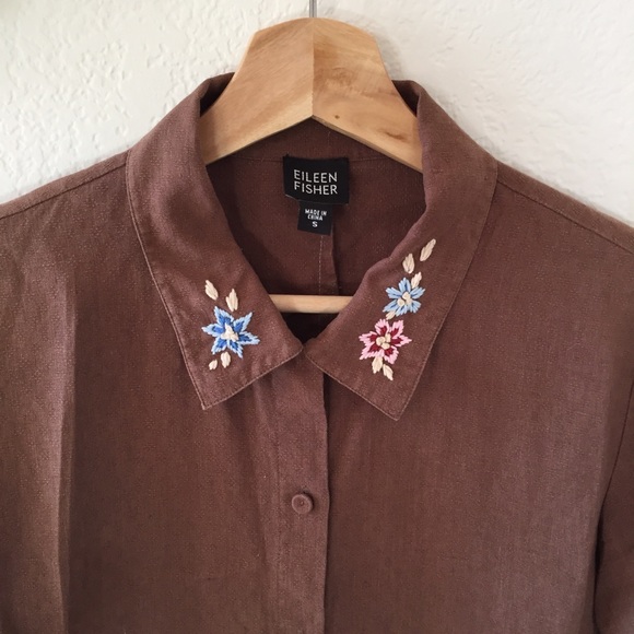 Eileen Fisher 100% Linen Embroidered Brown Top - Picture 1 of 8